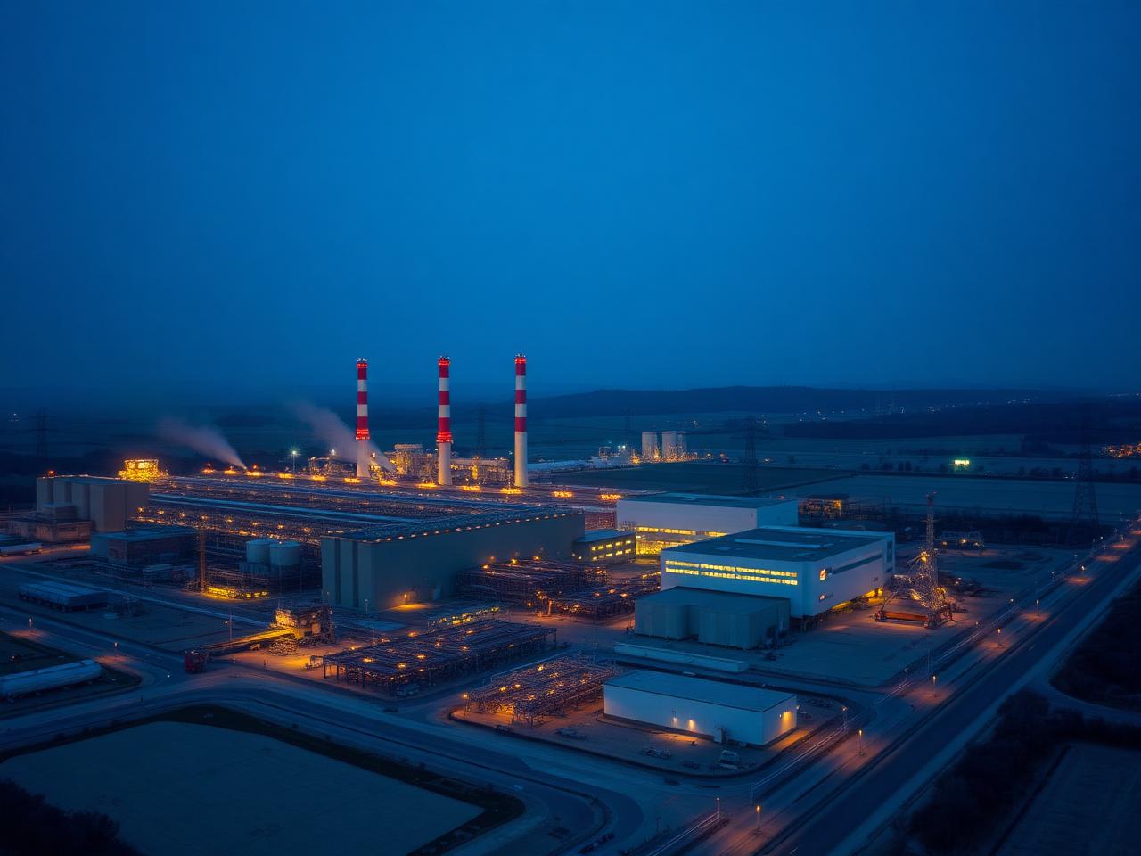 Aerial view of a combined-cycle power plant at dusk