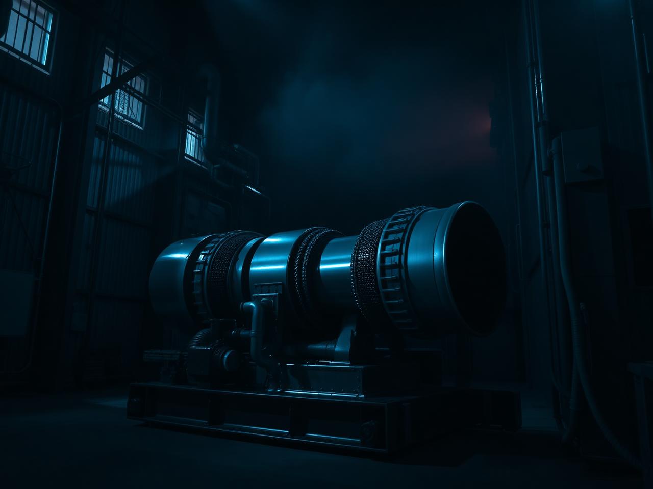 Aeroderivative gas turbine package in a dimly lit power plant enclosure