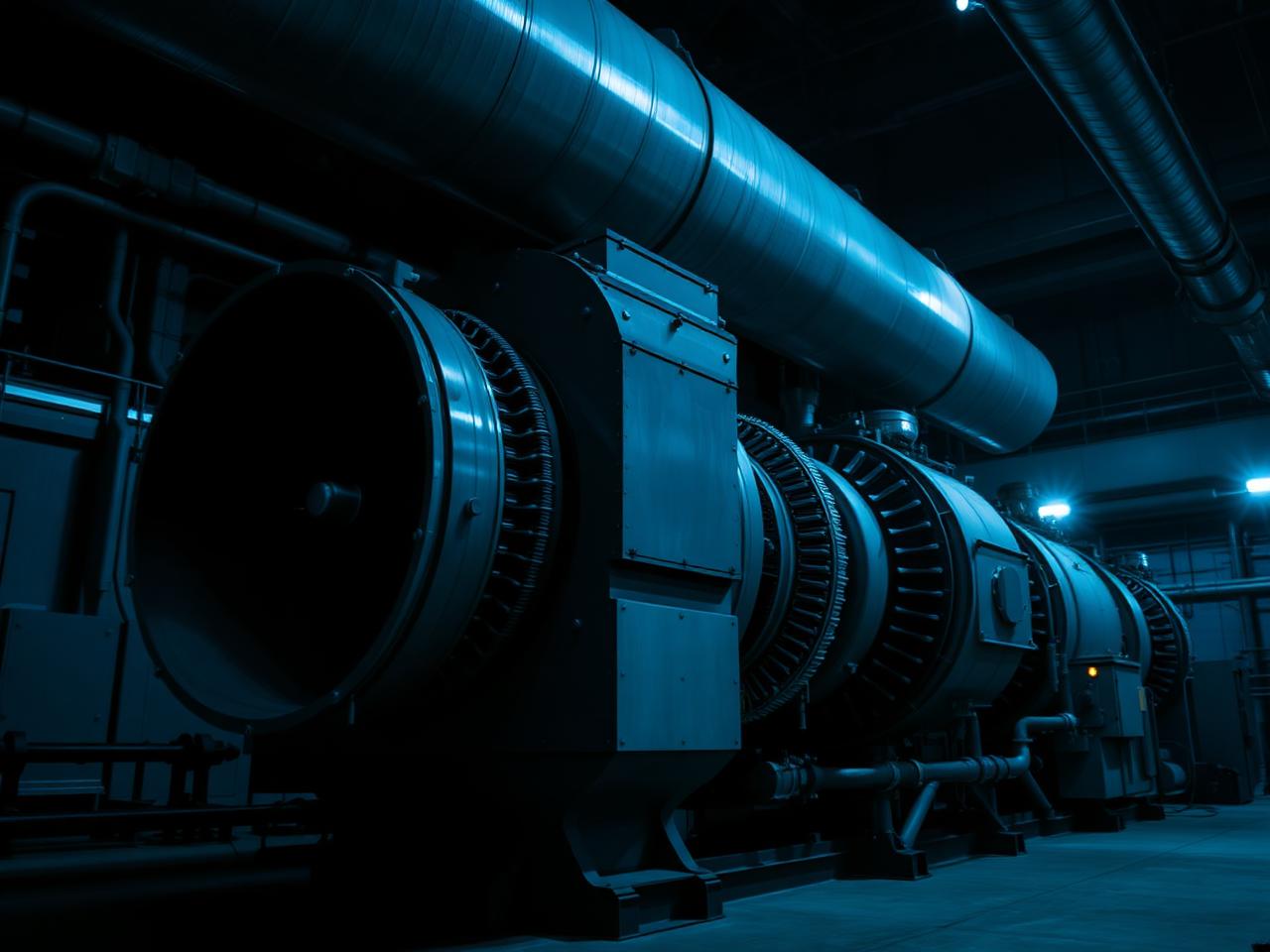 Large aeroderivative gas turbine package with exhaust ducting at night
